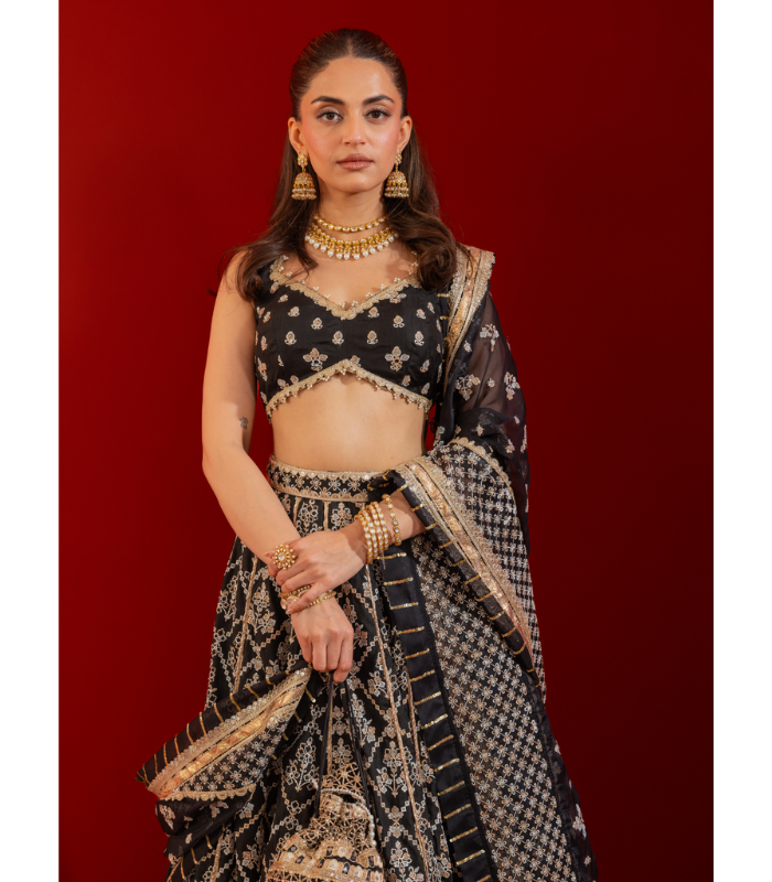 Mulmul Bemberg Silk Anton Black Lehenga