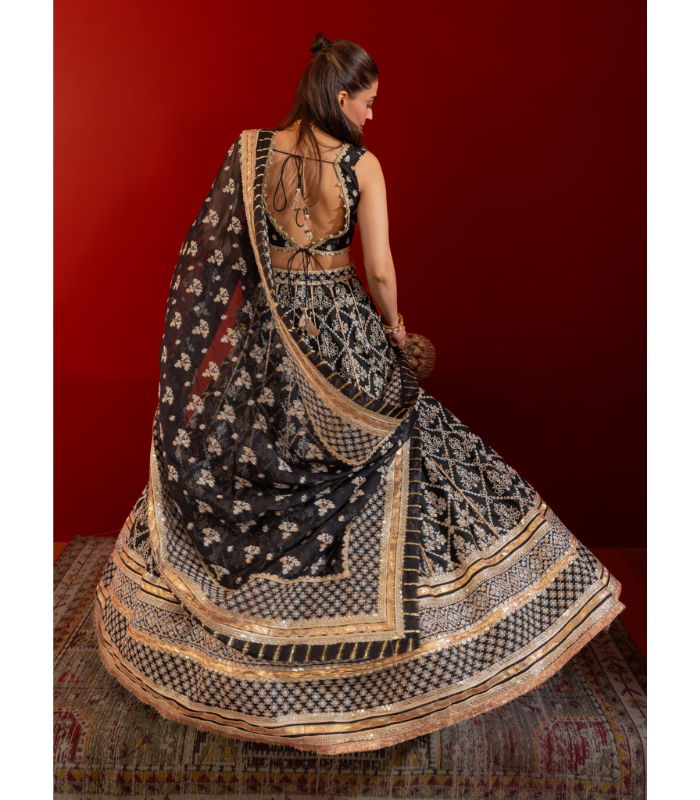 Mulmul Bemberg Silk Anton Black Lehenga