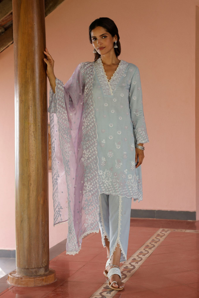 Mulmul Ombre Cotton Zehen Yellow Kurta With Mulmul Ombre Cotton Zehen Yellow Pant - The Grand Trunk