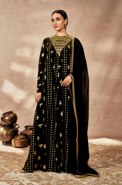 Black Gold Potters Touch Anarkali Set - The Grand Trunk