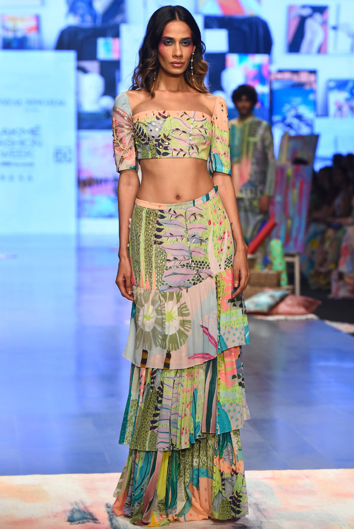 Tropical Print Georgette Embroidered Top With A Layered Front Slit Skirt