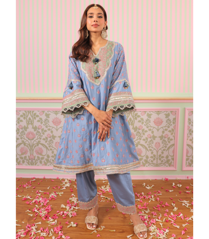 Mulmul Pima Satin Bandhan Red Kurta With Mulmul Pima Satin Bandhan Red Pant