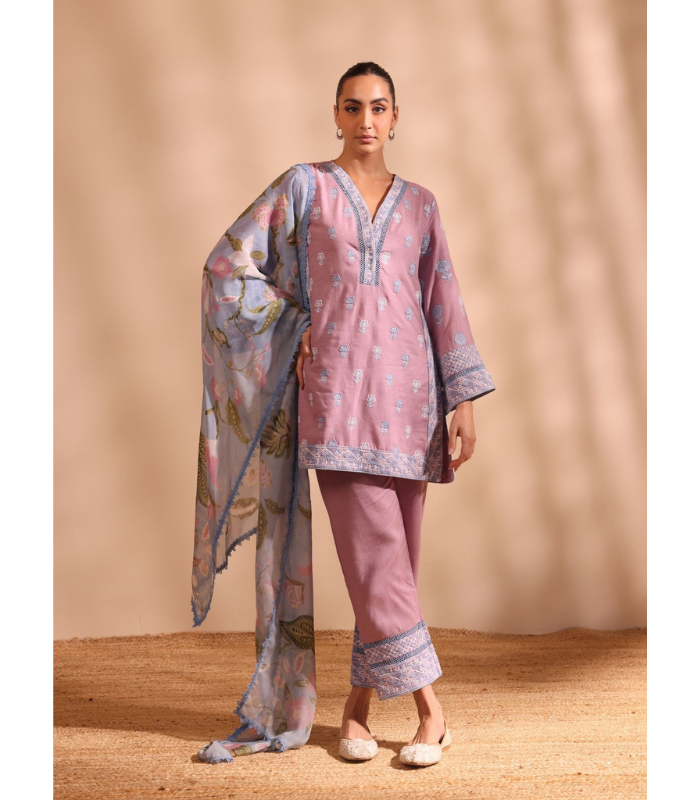 Mulmul Linen Pema Lilac kurta With Mulmul Linen Pema Lilac Pant
