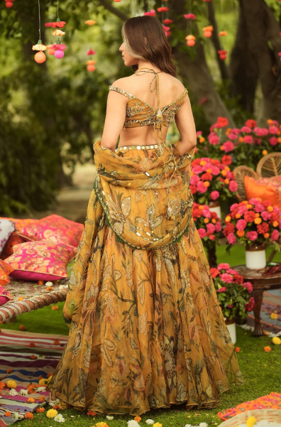 NAUSHEEN - Off Shoulder Embroidered Mm Logo Blouse With Lehenga And Dupatta