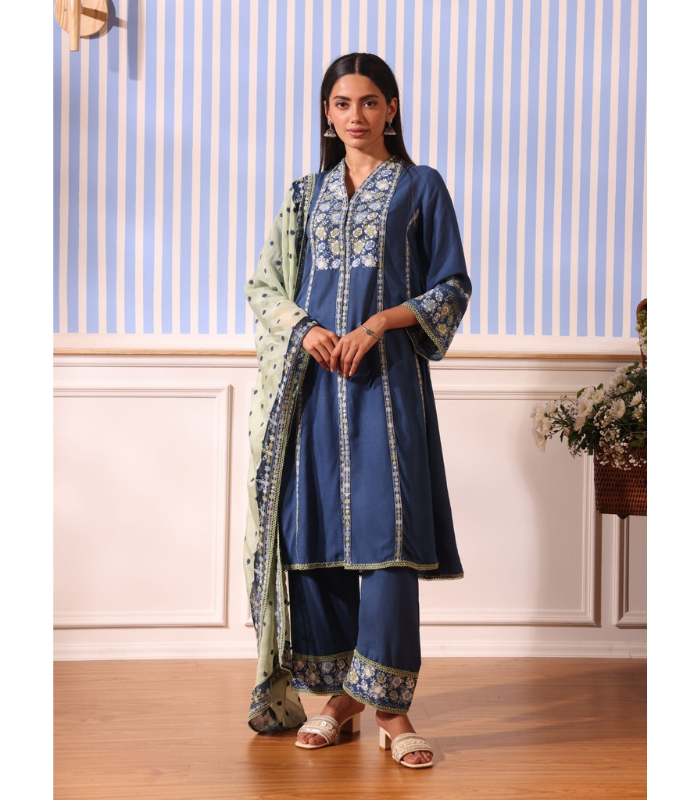 Mulmul Linen Siti Navy Kurta With Mulmul Linen Siti Navy Pant