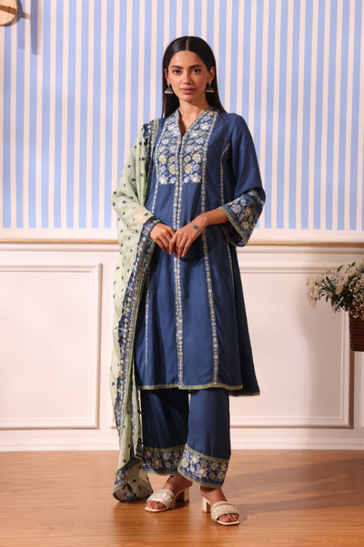 Mulmul Linen Siti Navy Kurta With Mulmul Linen Siti Navy Pant - The Grand Trunk