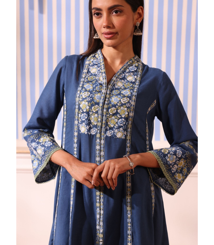 Mulmul Linen Siti Navy Kurta With Mulmul Linen Siti Navy Pant