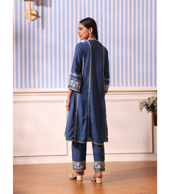 Mulmul Linen Siti Navy Kurta With Mulmul Linen Siti Navy Pant