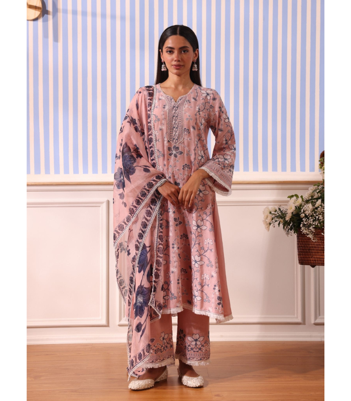 Mulmul Linen Vania Pink Kurta With Mulmul Linen Vania Pink Pant