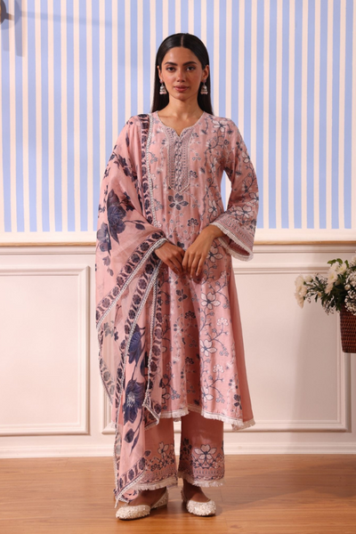 Mulmul Linen Vania Pink Kurta With Mulmul Linen Vania Pink Pant - The Grand Trunk