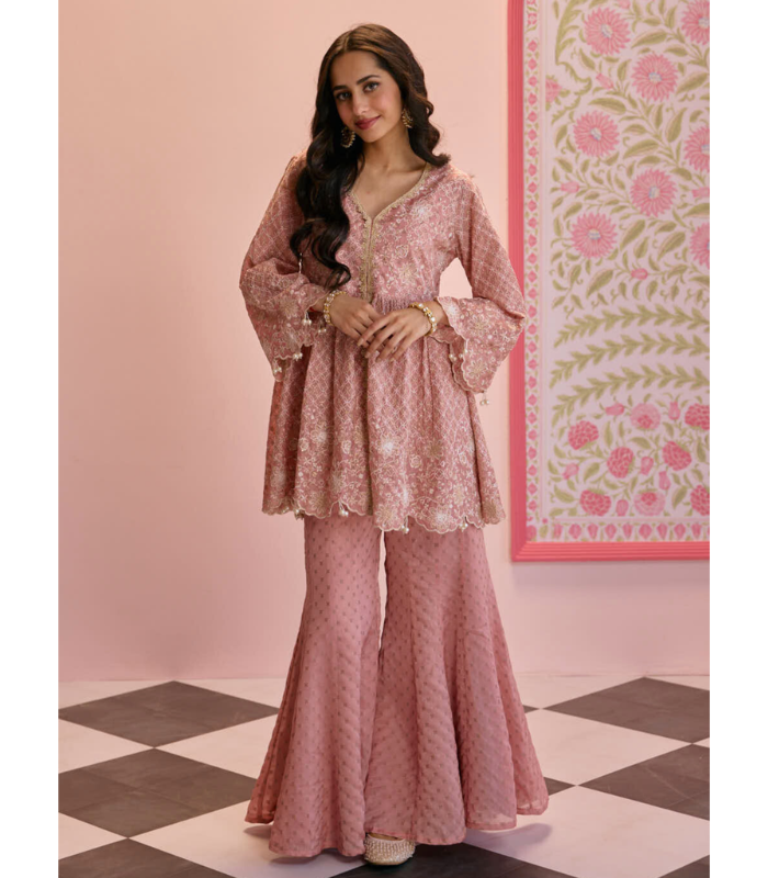 Mulmul Banarsi Ghunghroo Purple Top With Mulmul Banarsi Ghunghroo Purple Sharara