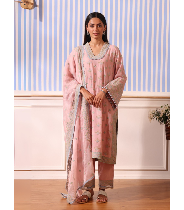 Mulmul Linen Shileh Pink Kurta With Mulmul Linen Shileh Pink Pant