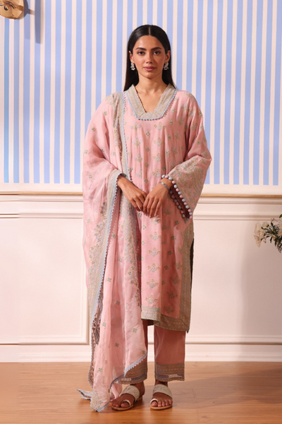 Mulmul Linen Shileh Pink Kurta With Mulmul Linen Shileh Pink Pant - The Grand Trunk