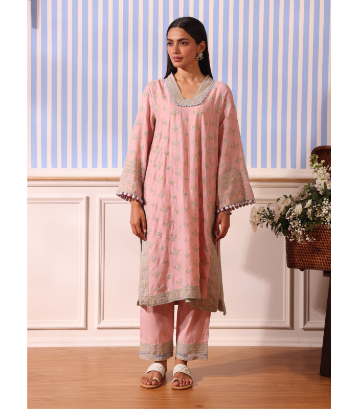 Mulmul Linen Shileh Pink Kurta With Mulmul Linen Shileh Pink Pant