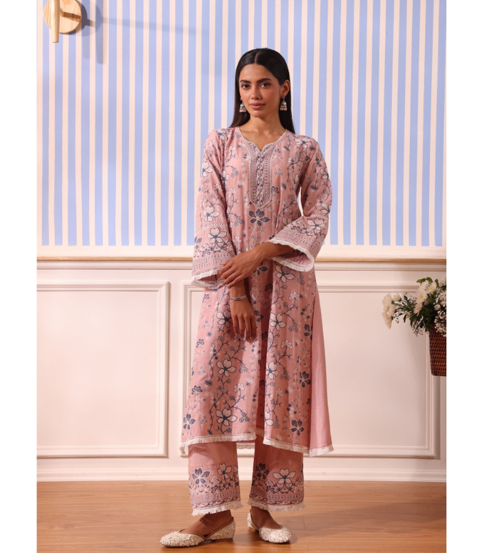 Mulmul Linen Vania Pink Kurta With Mulmul Linen Vania Pink Pant