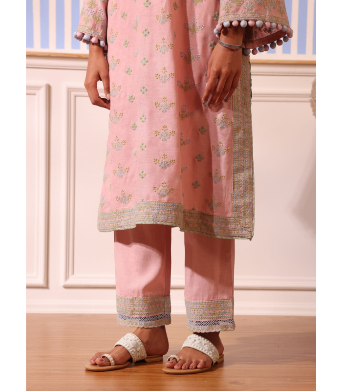 Mulmul Linen Shileh Pink Kurta With Mulmul Linen Shileh Pink Pant