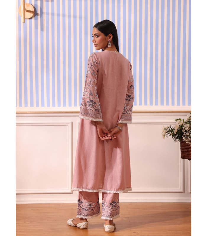 Mulmul Linen Vania Pink Kurta With Mulmul Linen Vania Pink Pant