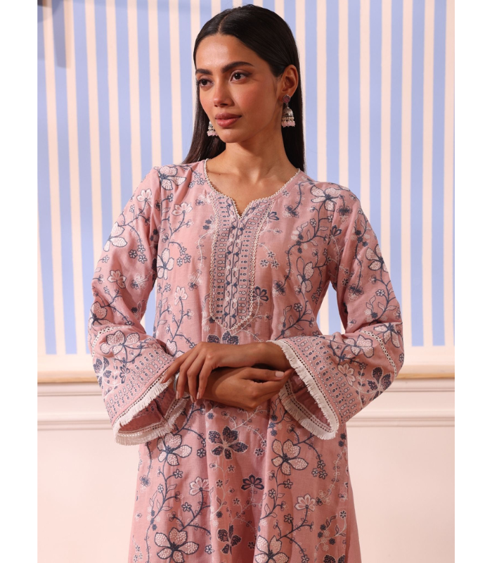 Mulmul Linen Vania Pink Kurta With Mulmul Linen Vania Pink Pant