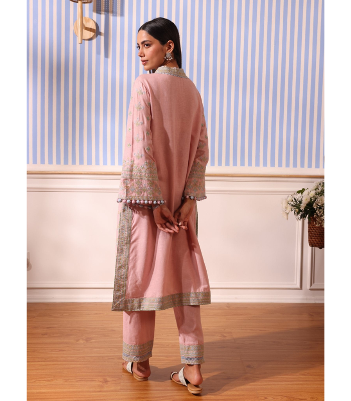 Mulmul Linen Shileh Pink Kurta With Mulmul Linen Shileh Pink Pant