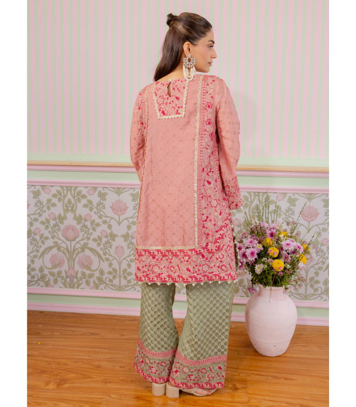 Mulmul Banarsi Mangal Pink Kurta With Mulmul Banarsi Mangal Green Pant