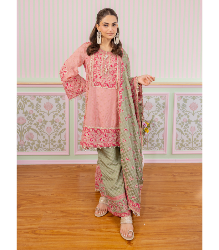 Mulmul Banarsi Mangal Pink Kurta With Mulmul Banarsi Mangal Green Pant