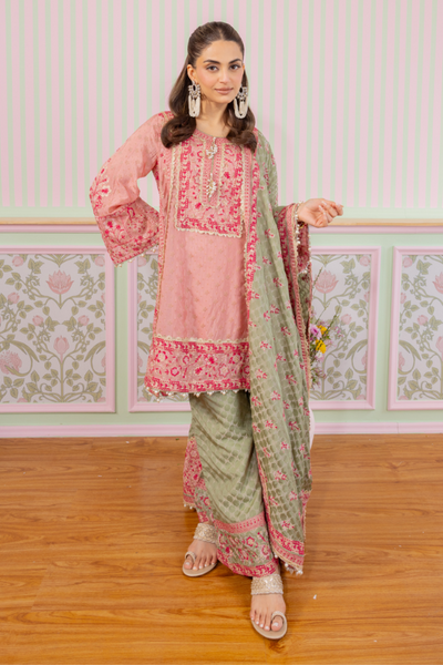 Mulmul Banarsi Mangal Pink Kurta With Mulmul Banarsi Mangal Green Pant - The Grand Trunk