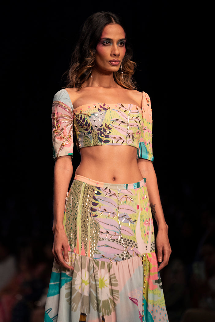 Tropical Print Georgette Embroidered Top With A Layered Front Slit Skirt