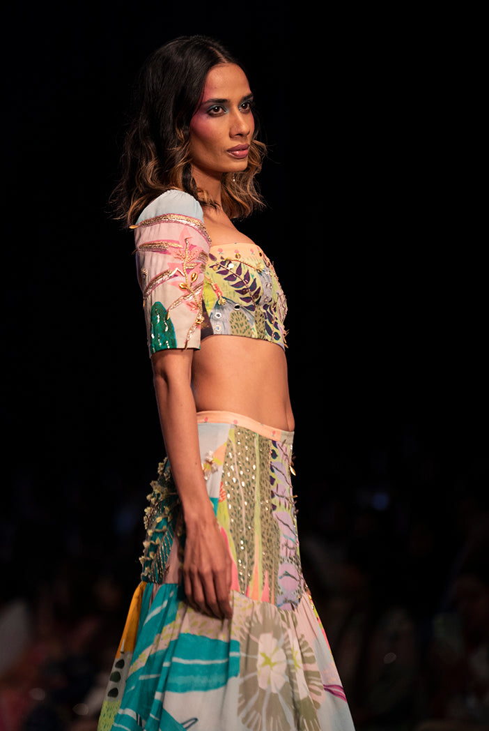 Tropical Print Georgette Embroidered Top With A Layered Front Slit Skirt