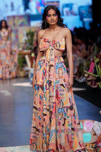 Load image into Gallery viewer, Trance print art georgette bustier with an embroidered bow and skirt - The Grand Trunk