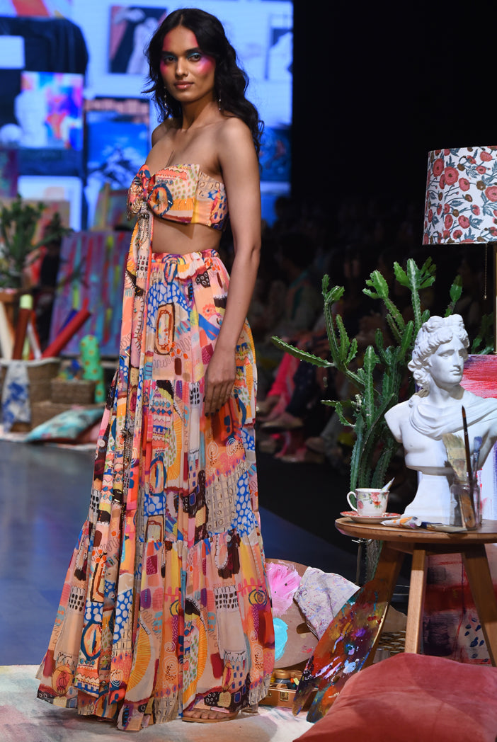 Trance Print Art Georgette Bustier With An Embroidered Bow And Skirt