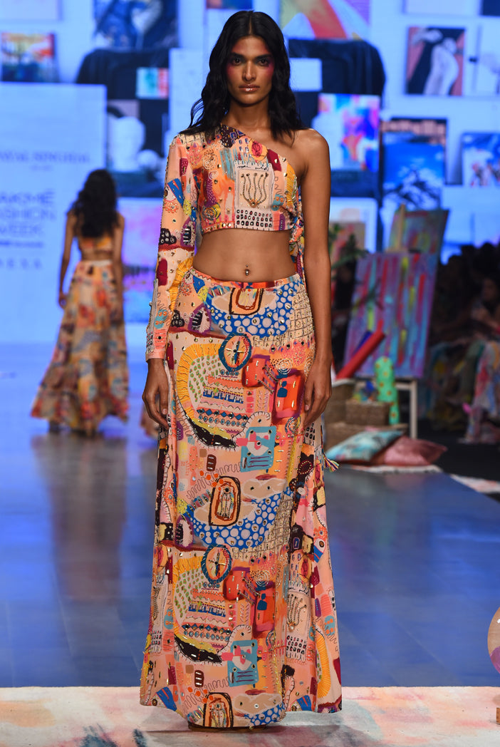 Trance Print Crepe Embroidered Side Tie Up Choli With A Skirt