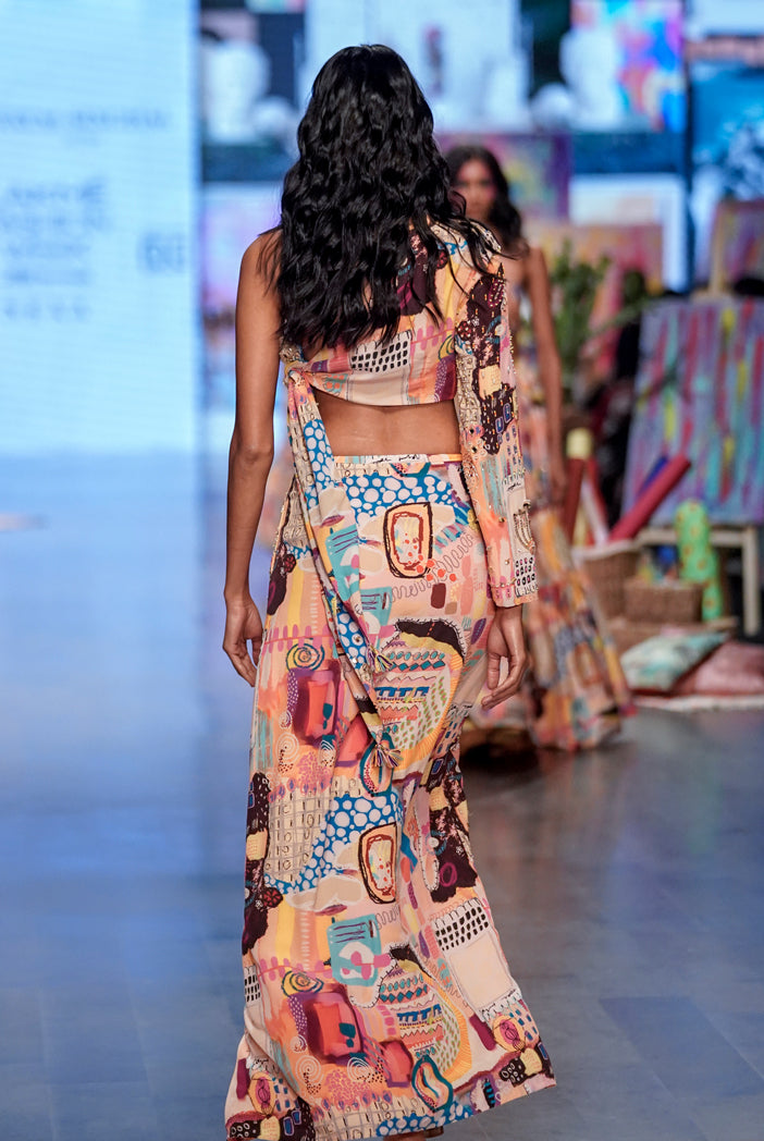 Trance Print Crepe Embroidered Side Tie Up Choli With A Skirt