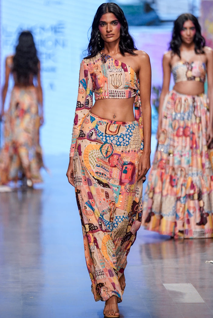 Trance Print Crepe Embroidered Side Tie Up Choli With A Skirt