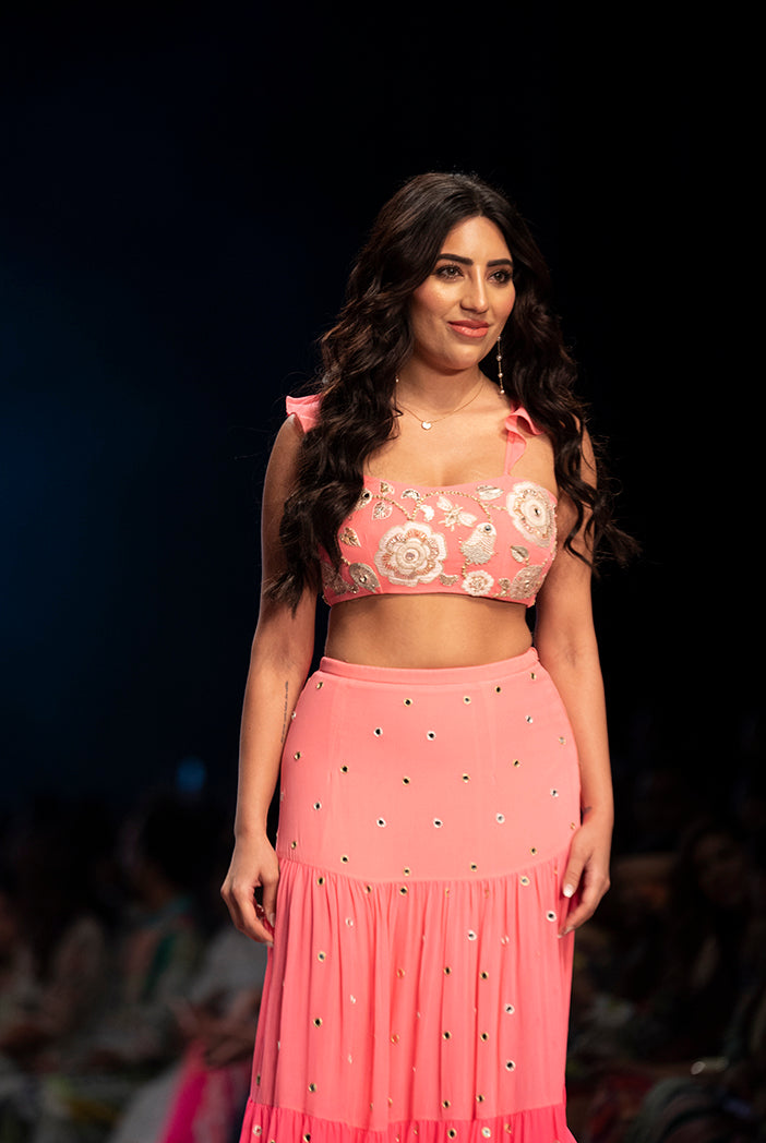 Coral Embroidered Top With Coral And Pink Ombre Shaded Gathered Skirt And Coral Mukaish Net Dupatta.