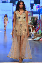Load image into Gallery viewer, Off white georgette embroidered dress with rose pink tulle net skirt. - The Grand Trunk