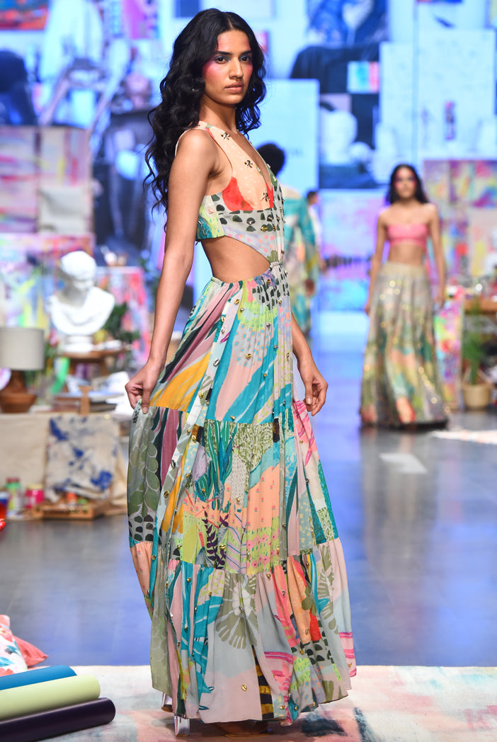 Tropical Print Georgette Embroidered Cut Out Dress