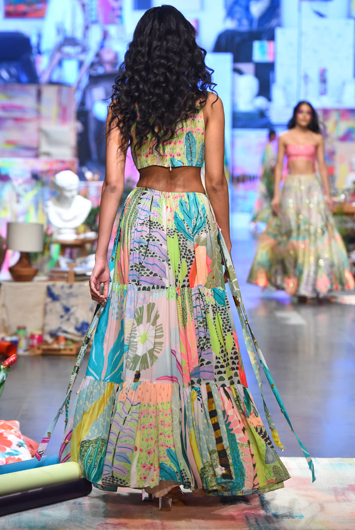 Tropical Print Georgette Embroidered Cut Out Dress