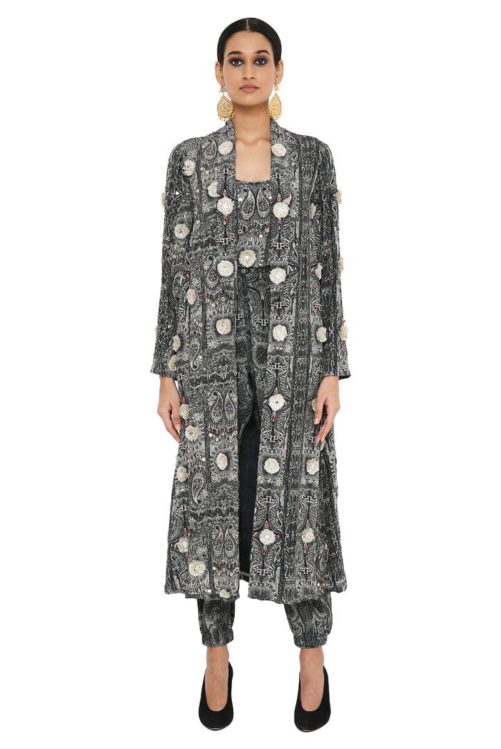 Payal Singhal Printed Long Blazer Jacket With Camisole And Jogger Pants