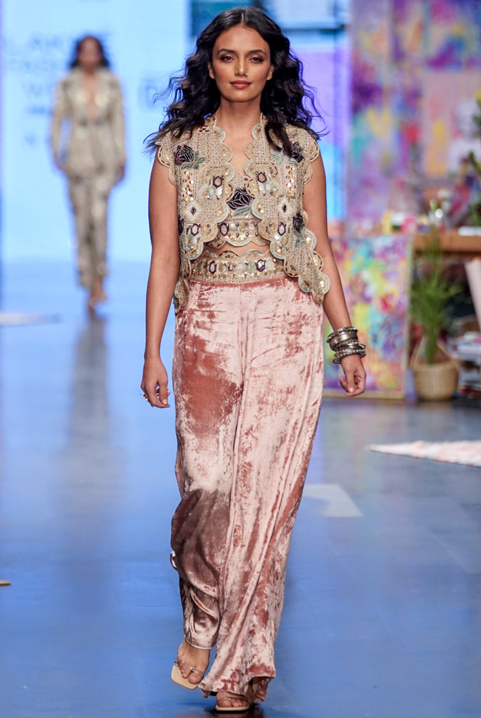 Rose pink georgette embroidered scallop jacket with front embroidered bustier and palazzo pants. - The Grand Trunk