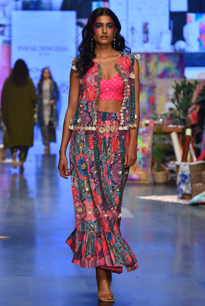 Pink Bandhani Silk Embroidered Bustier With Pink Enchanted Print Crepe Embroidered Jacket And Frill Skirt