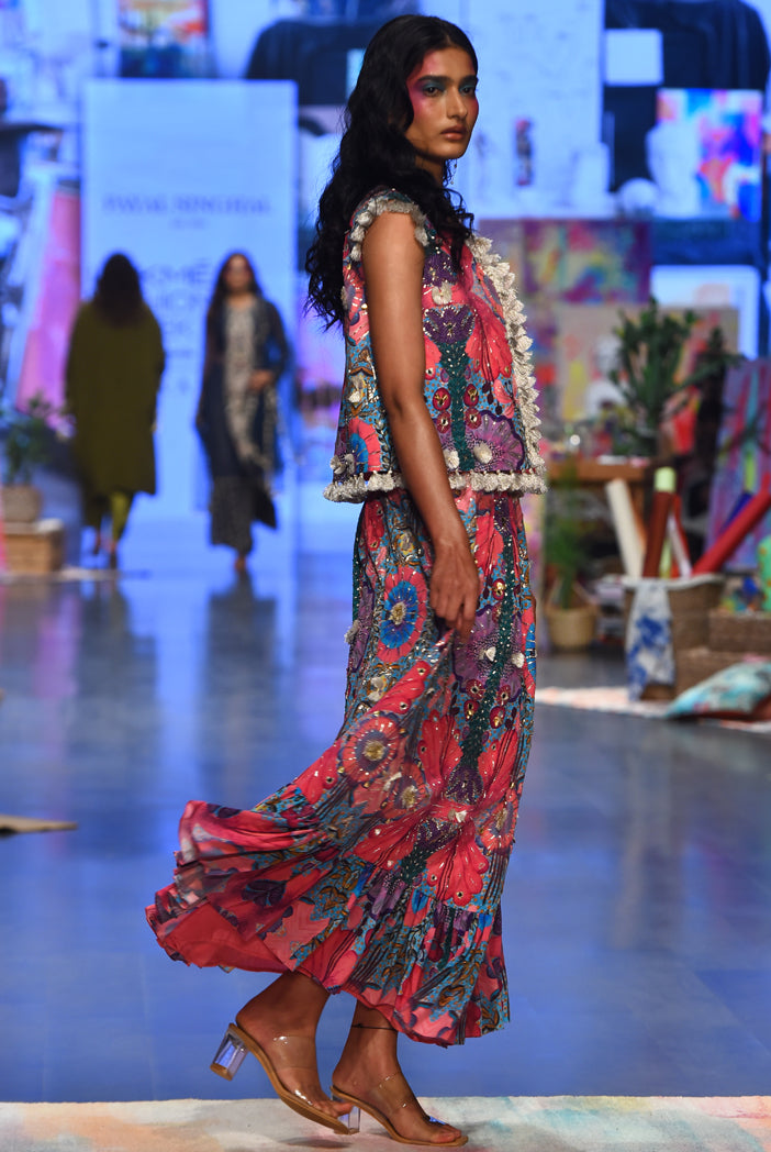 Pink Bandhani Silk Embroidered Bustier With Pink Enchanted Print Crepe Embroidered Jacket And Frill Skirt