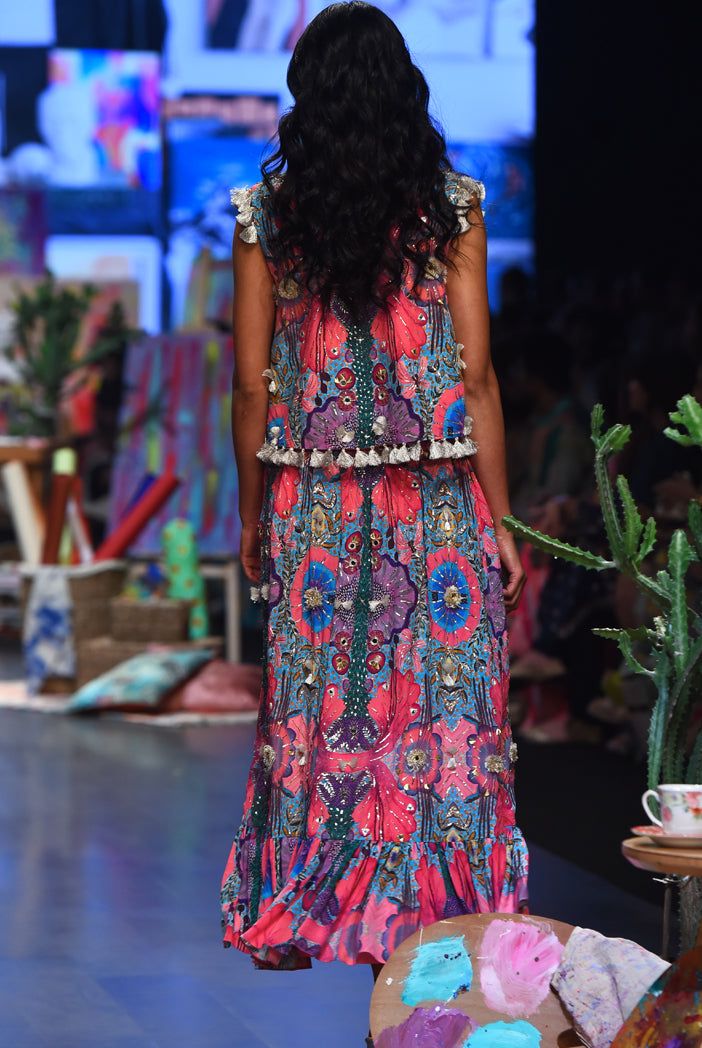 Pink Bandhani Silk Embroidered Bustier With Pink Enchanted Print Crepe Embroidered Jacket And Frill Skirt