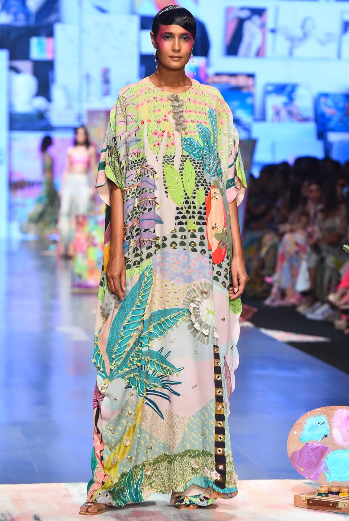 Tropical Print Crepe Embroidered Kaftan