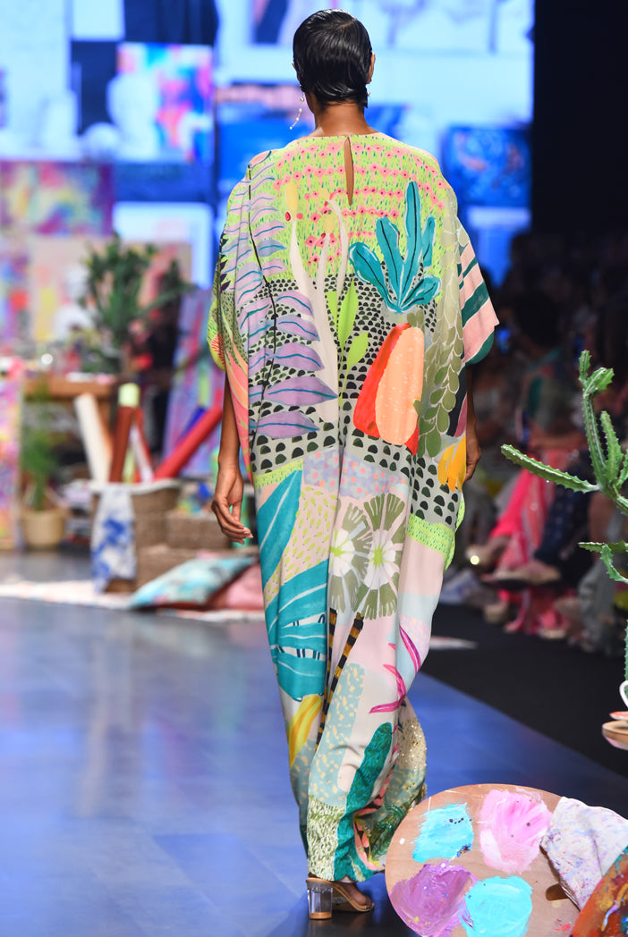 Tropical Print Crepe Embroidered Kaftan