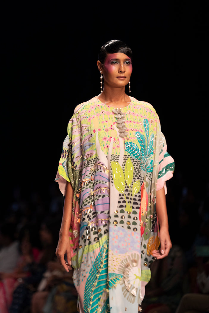 Tropical Print Crepe Embroidered Kaftan