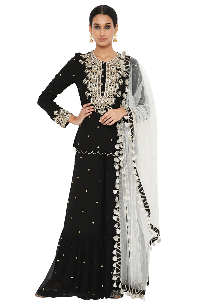 Payal Singhal  Mukaish Short Kurta With Frill Palazzo And Mukaish Dupatta