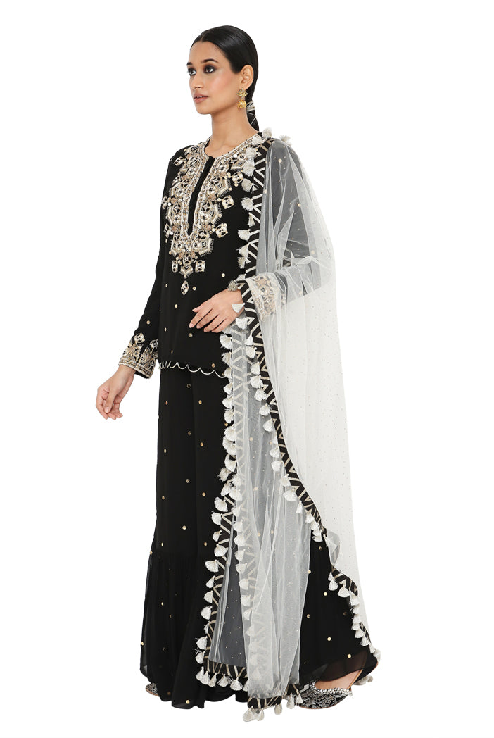 Payal Singhal  Mukaish Short Kurta With Frill Palazzo And Mukaish Dupatta