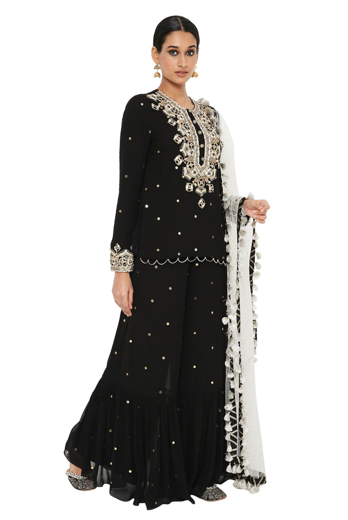 Payal Singhal  Mukaish Short Kurta With Frill Palazzo And Mukaish Dupatta