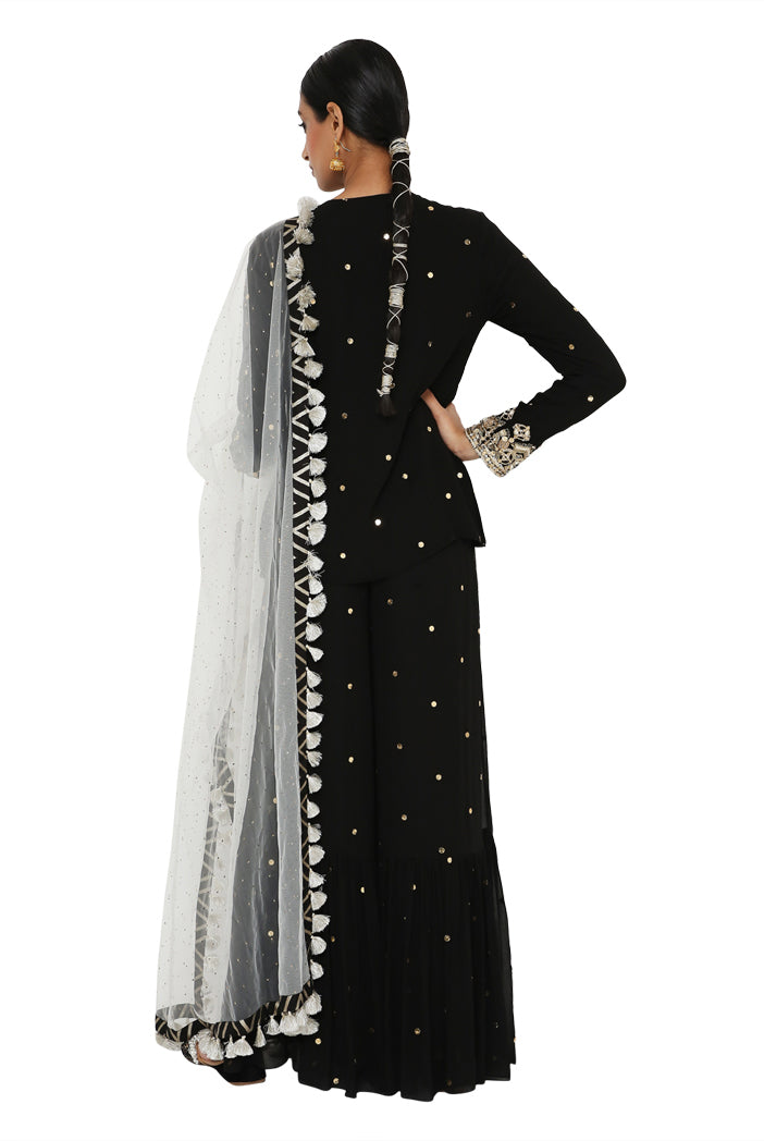 Payal Singhal  Mukaish Short Kurta With Frill Palazzo And Mukaish Dupatta