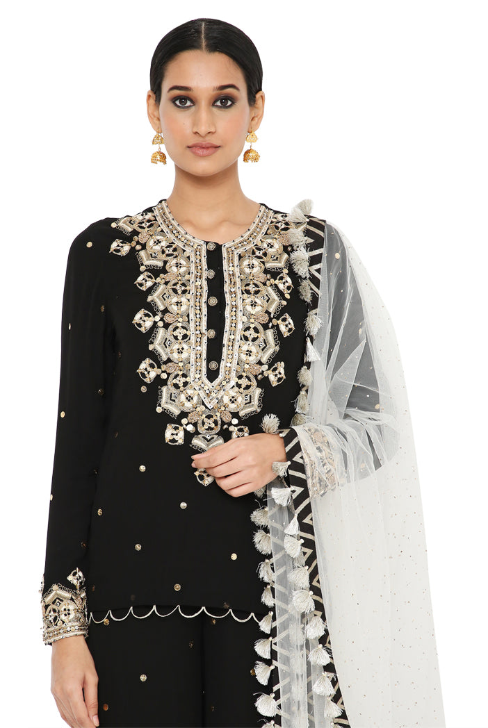 Payal Singhal  Mukaish Short Kurta With Frill Palazzo And Mukaish Dupatta